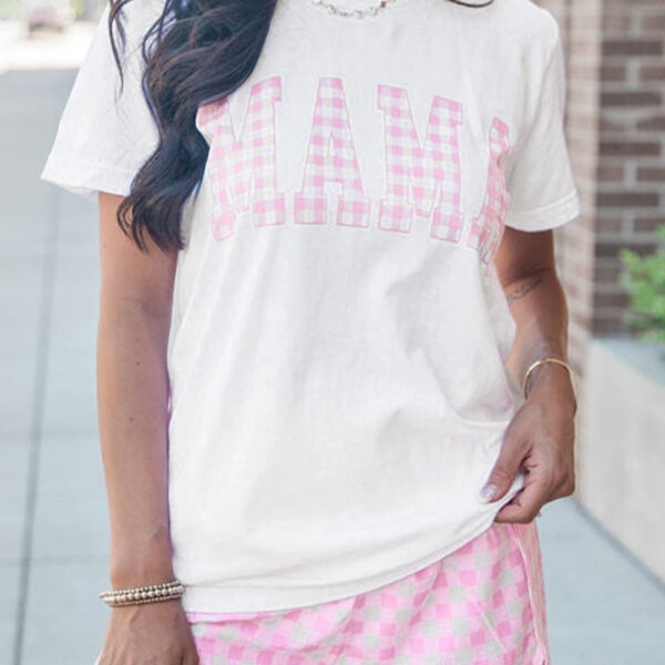 White MAMA Printed Tee and Plaid Shorts Lounge Set